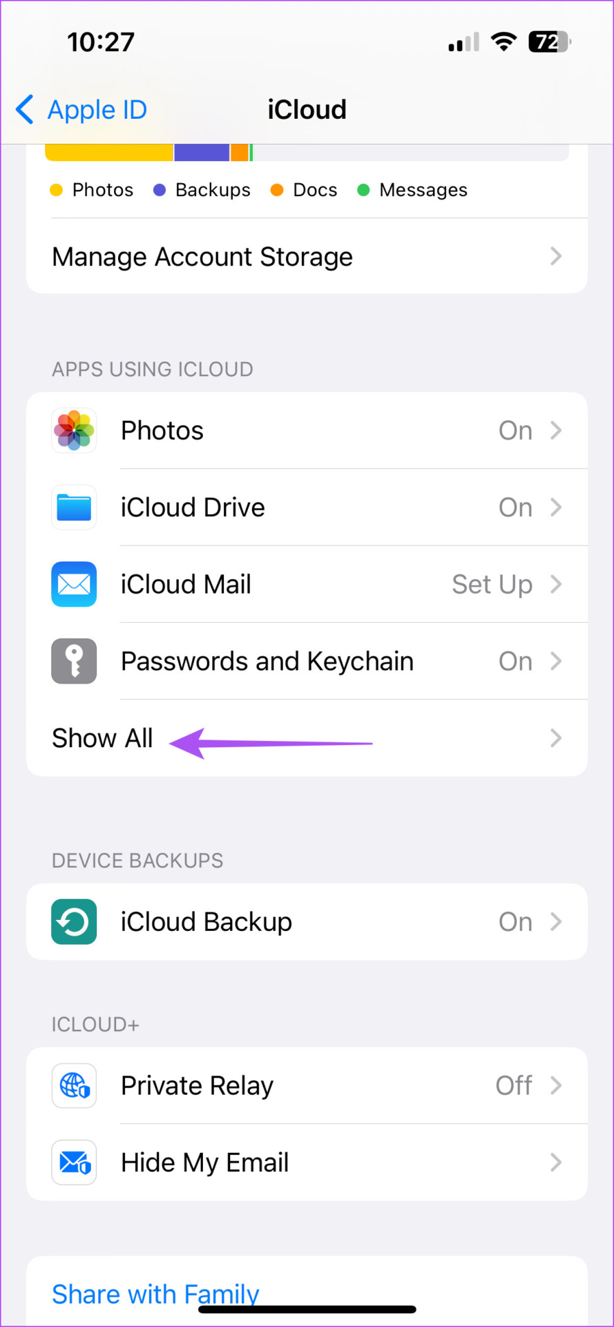 show all apps icloud settings iphone